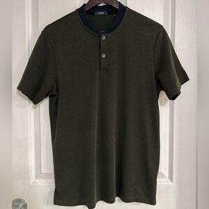 Theory Burk Peruvian Pima Cotton Blend Pique Band Collar Henley olive green S